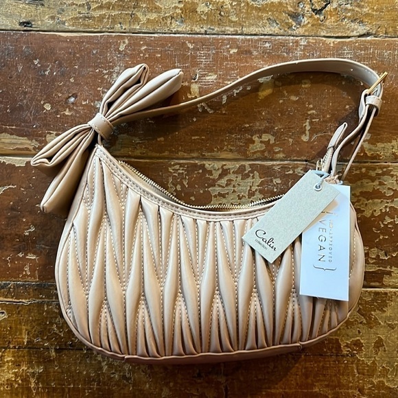 Calin ribbon strap quilted shoulder bag, vegan leather, zip closure, NWT - Picture 2 of 9